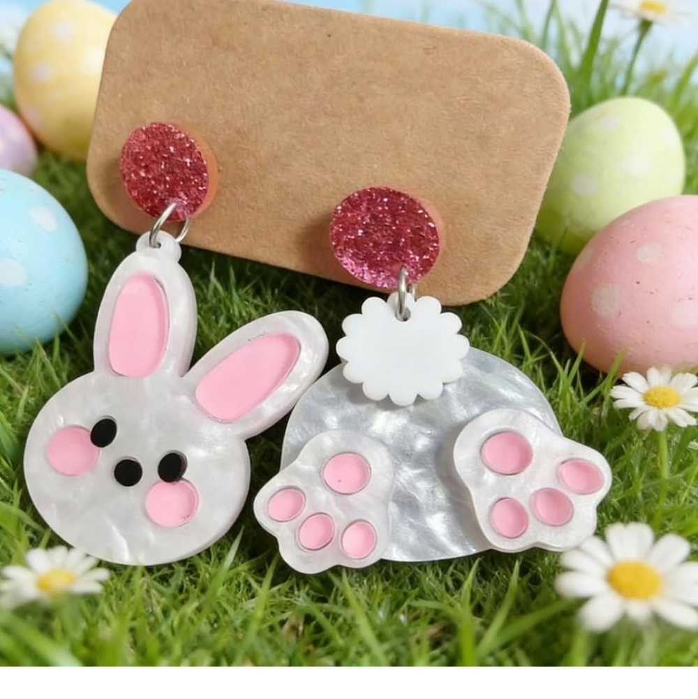 Cute Bunny Earrings for Kids - Pink and White